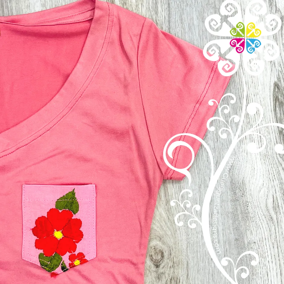 Pink Embroider Women Tee - Pocket Embroider