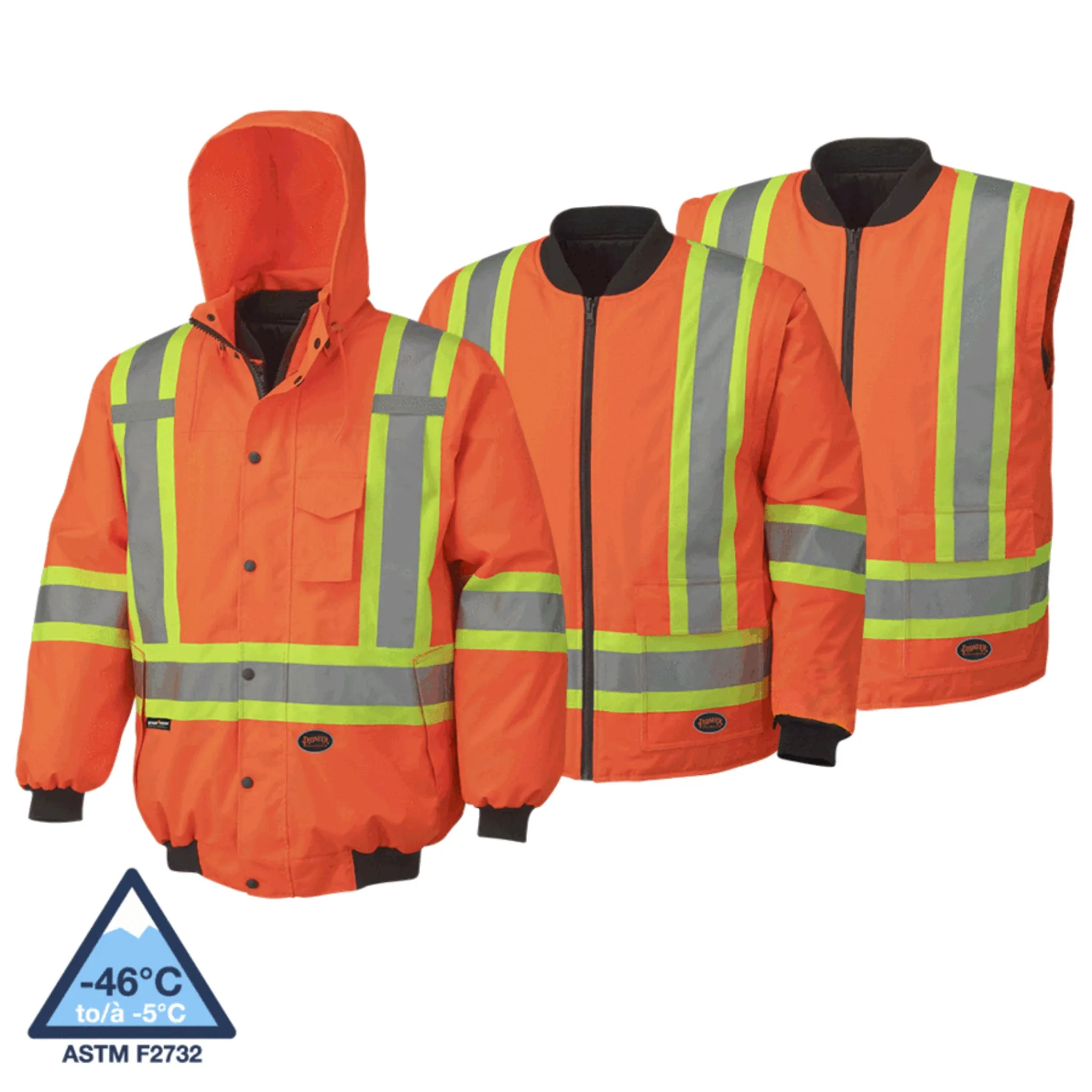 Pioneer Men's Hi Vis 6-in-1 Winter Work Bomber, CSA Certified, Reflective Stripes, Water & Windproof, 300D Poly, Versatile Safety | Sizes XS-5XL