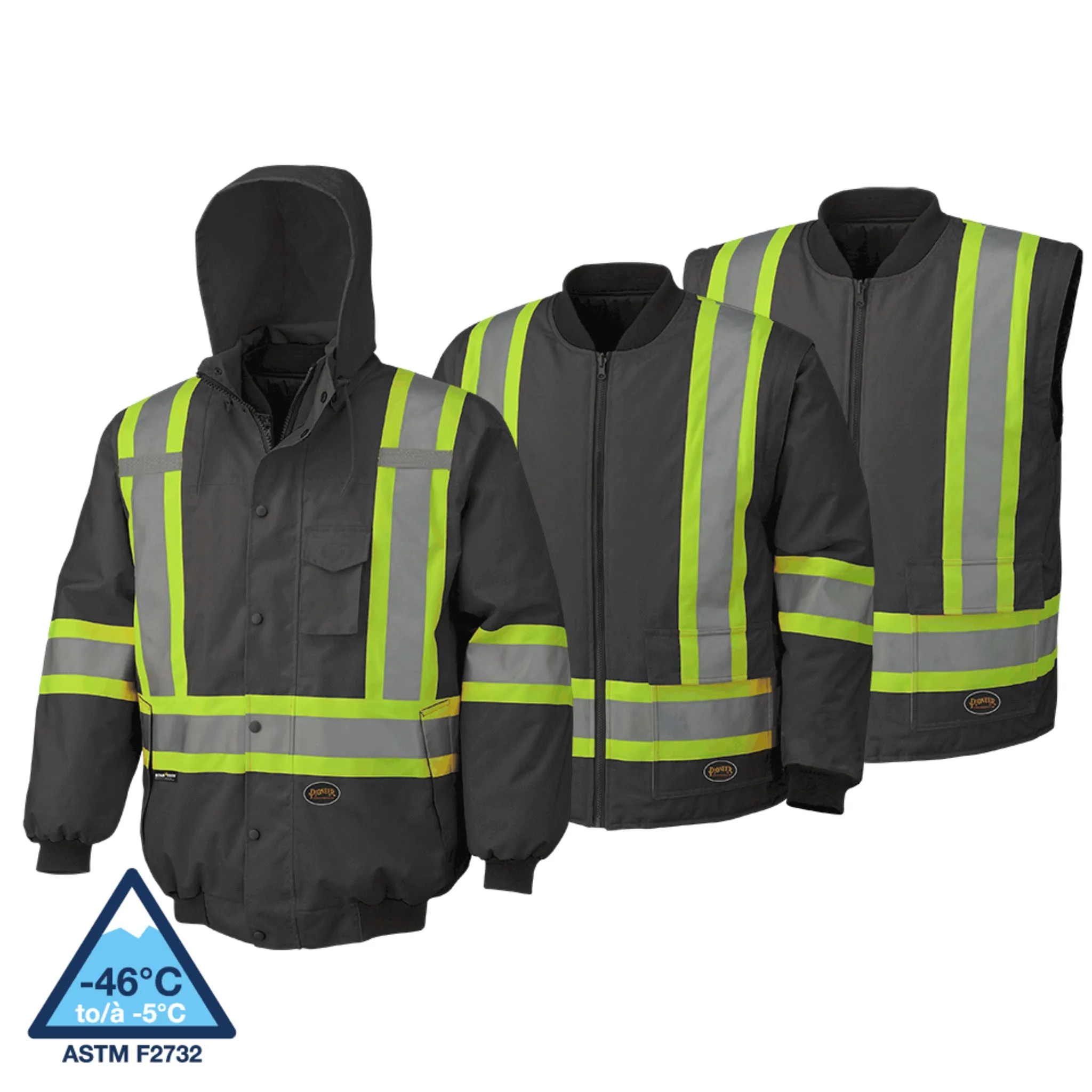 Pioneer Men's Hi Vis 6-in-1 Winter Work Bomber, CSA Certified, Reflective Stripes, Water & Windproof, 300D Poly, Versatile Safety | Sizes XS-5XL