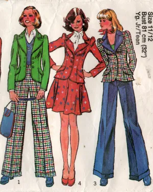 Simplicity 6567 Young Junior / Teens Wide Lapel Jacket Mini Skirt & Cuffed Flares 1970s Vintage Sewing Pattern Size 11/12 Bust 32 inches