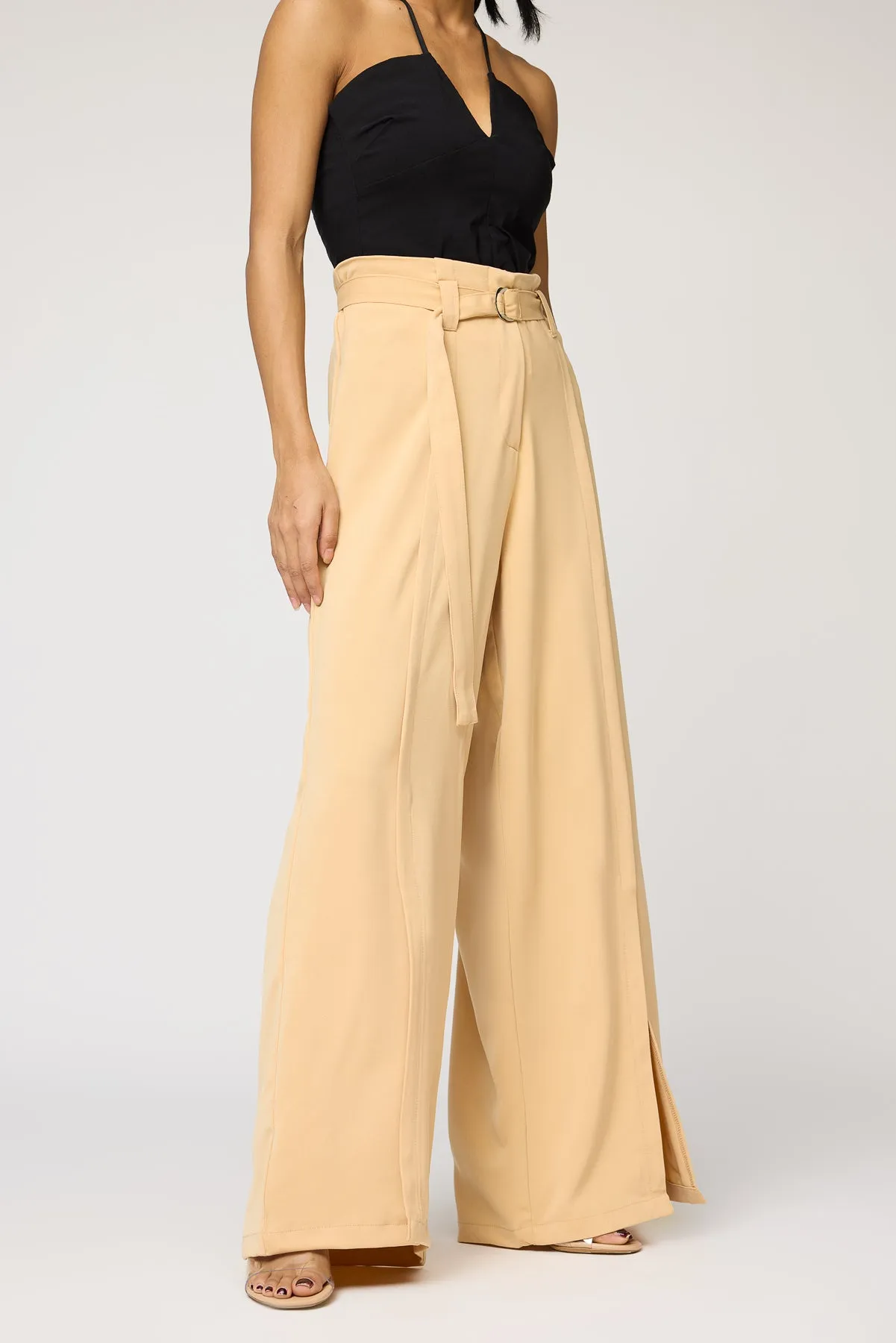 Soft Sand Belted Flared Korean Pants