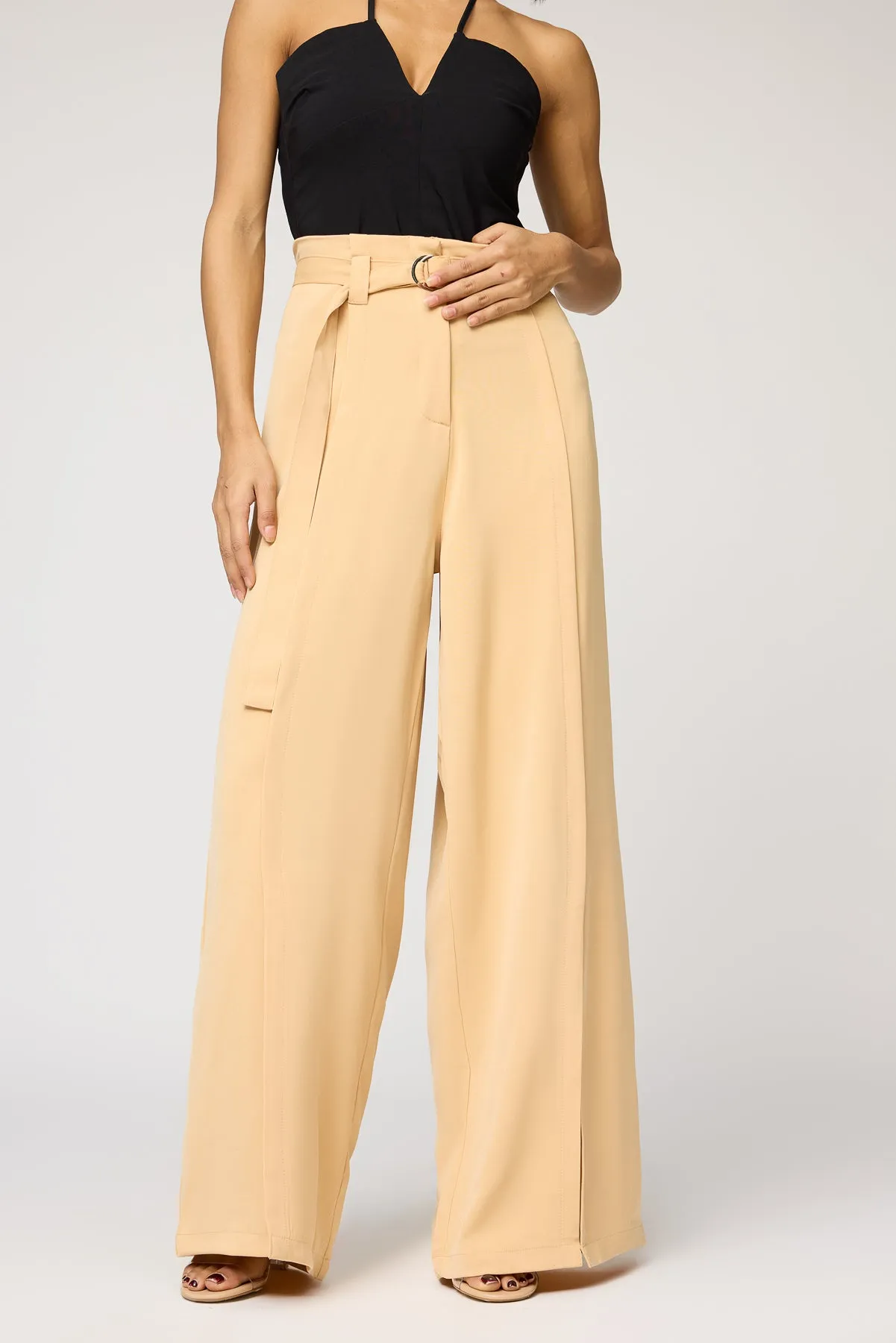 Soft Sand Belted Flared Korean Pants