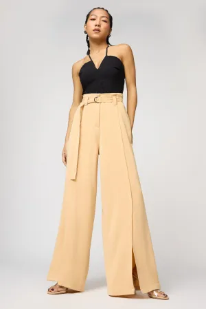 Soft Sand Belted Flared Korean Pants