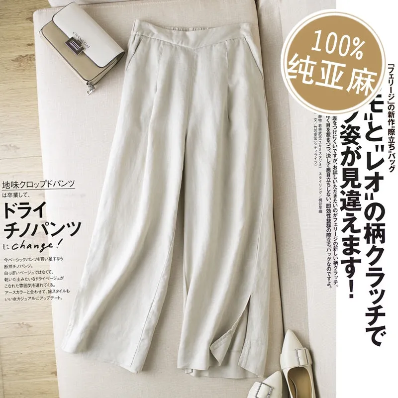 Summer Art Cotton Blend culottes Loose Plus Size Casual Ankle-Length Line Wide Leg Women Pants