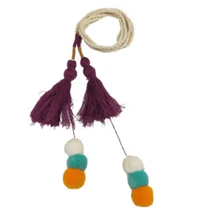 Tricolor Braided Cotton Cord Rope Waist Belt With Pom-Pom & Tassel