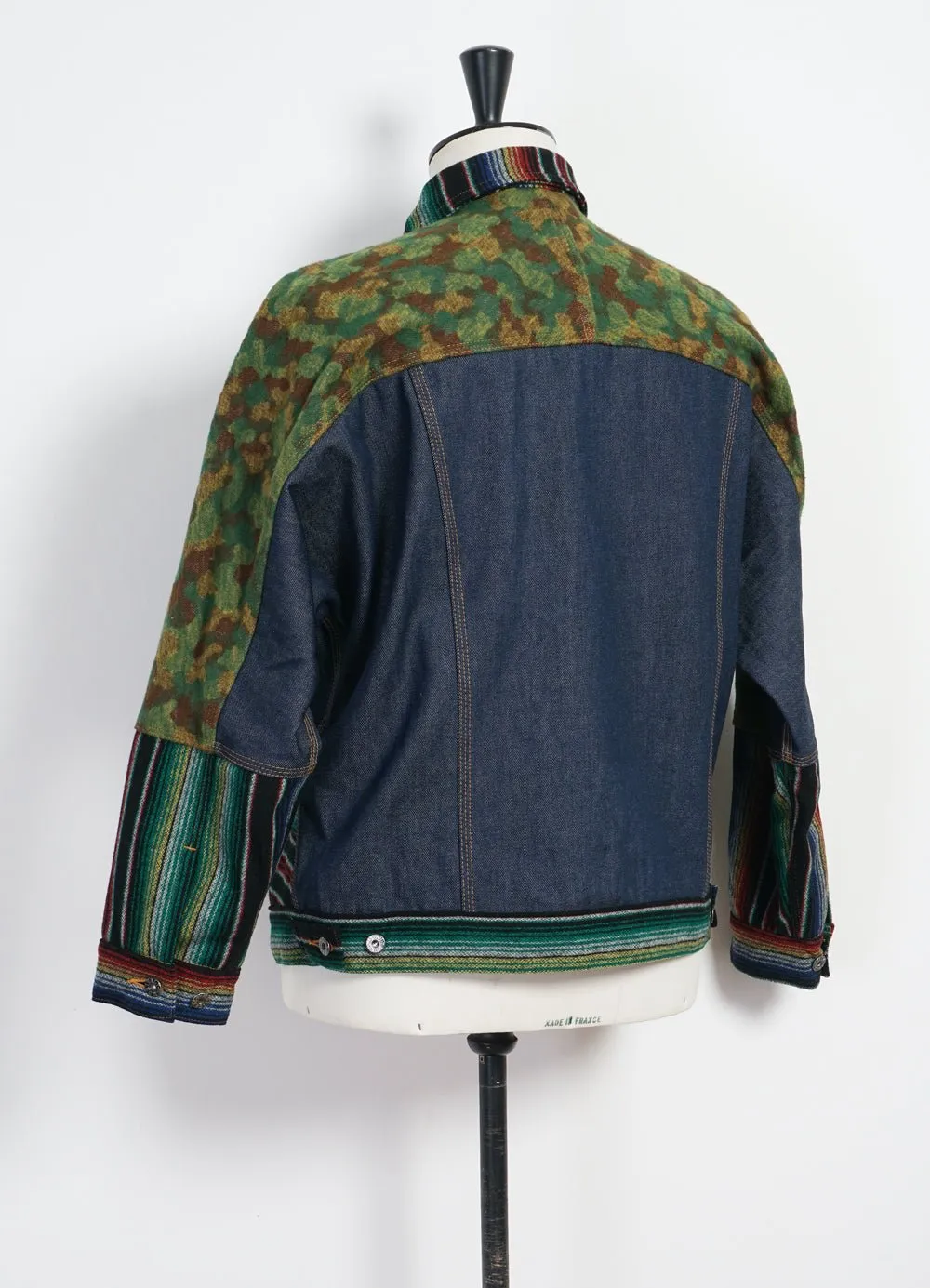 TRIPLE FABRIC JACKET | Asian Knot Denim Jacket | Jacquard Camo/Wool Flannel Sarape/Indigo Denim