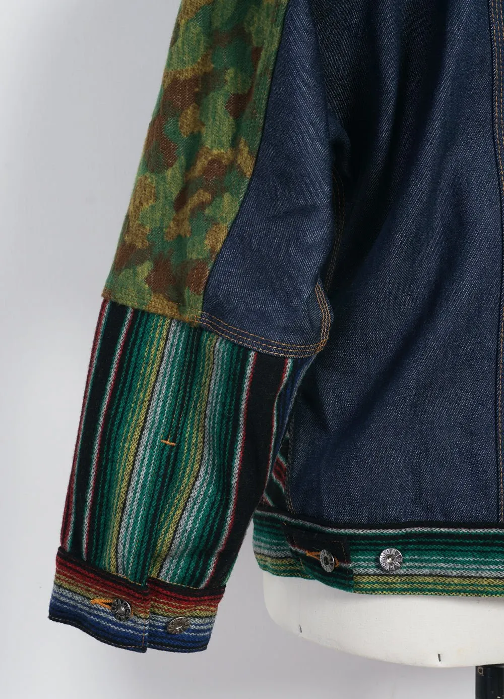 TRIPLE FABRIC JACKET | Asian Knot Denim Jacket | Jacquard Camo/Wool Flannel Sarape/Indigo Denim