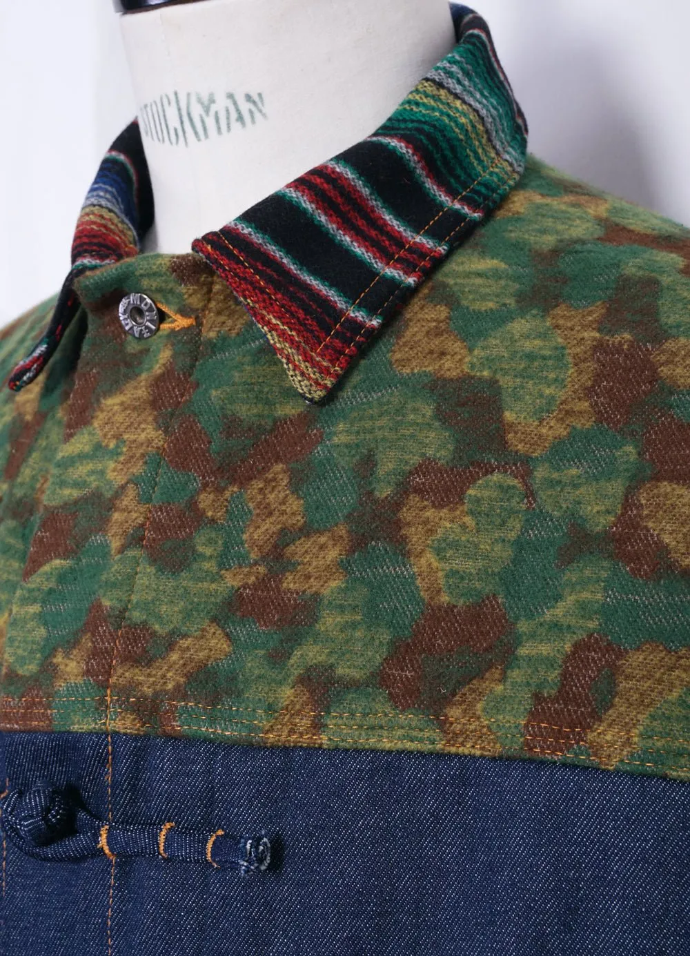 TRIPLE FABRIC JACKET | Asian Knot Denim Jacket | Jacquard Camo/Wool Flannel Sarape/Indigo Denim