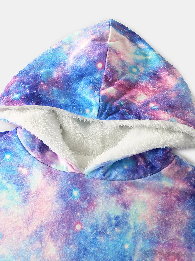 Women Design Starry Sky Tie Dye Print Oversized Reversible Homewear Fleece Lined Reversible Blanket Hoodie With Pouch Pocket