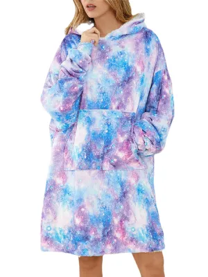 Women Design Starry Sky Tie Dye Print Oversized Reversible Homewear Fleece Lined Reversible Blanket Hoodie With Pouch Pocket